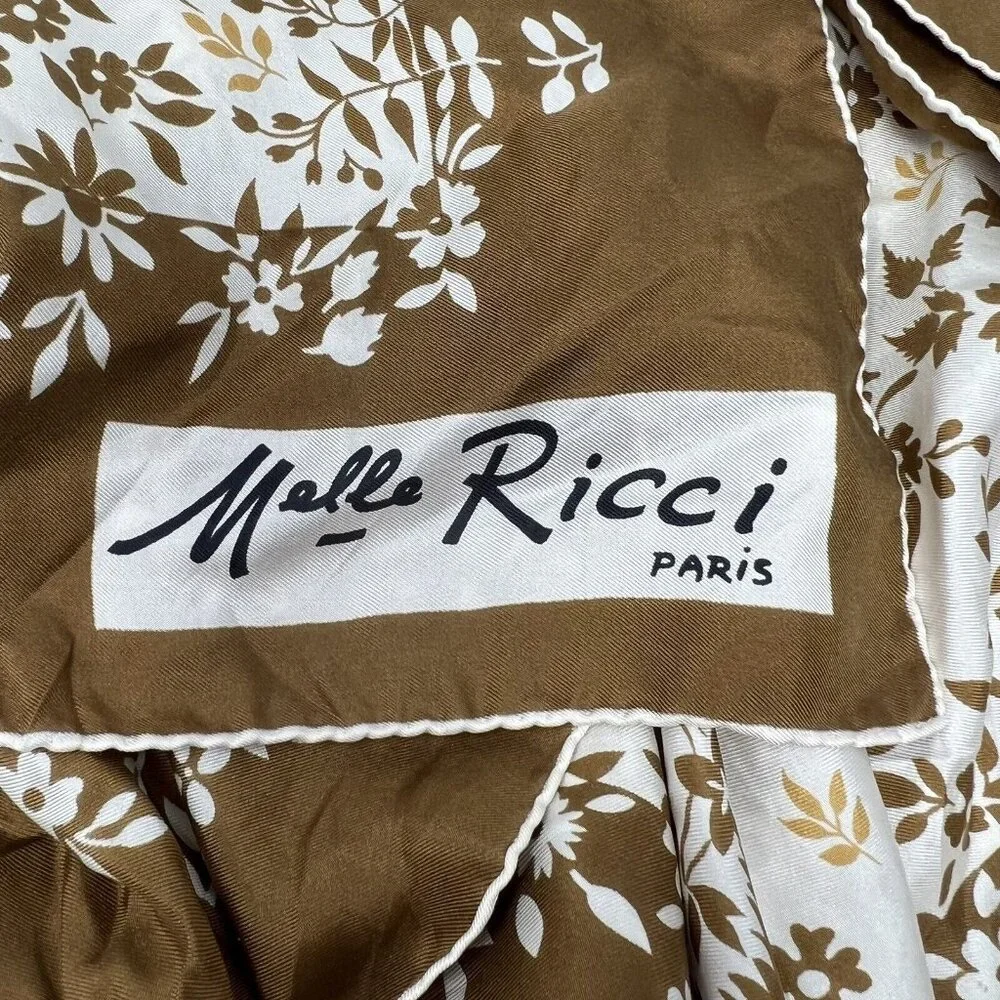 Melle Ricci Square Scarf 100% Silk Brown‎ Cream Gold Floral Bandanna 31